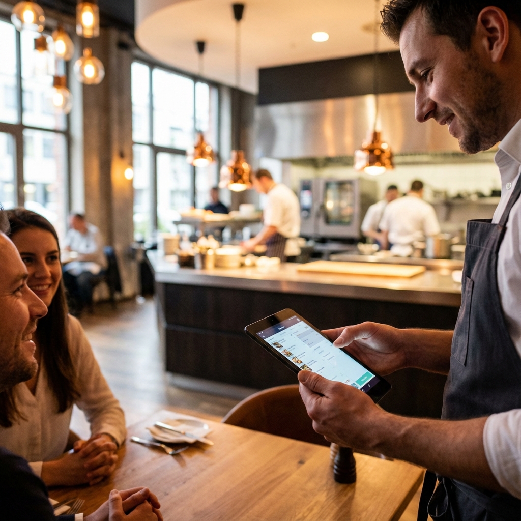 Staff del ristorante felice che utilizza Dinevoo
